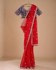 Designer Organza Silk Embroidery Work Red Saree With Purple Blouse