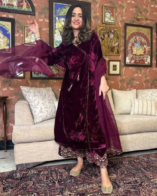 Ready To Wear Wine Micro Velvet Embroidery Work Pakistani Suit With Dupatta