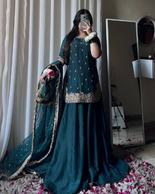 Ready To Wear Maroon Green Heavy Chinon Silk Embroidery Lehenga Kurti With Dupatta