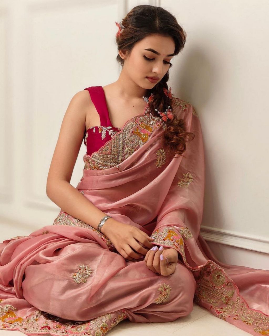 Desinger Peach Fancy Organza Embroidery Work Saree With Blouse