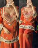 Exclusive White AND Orange Fendy Silk Embroidery Palazo Kurti With Dupatta