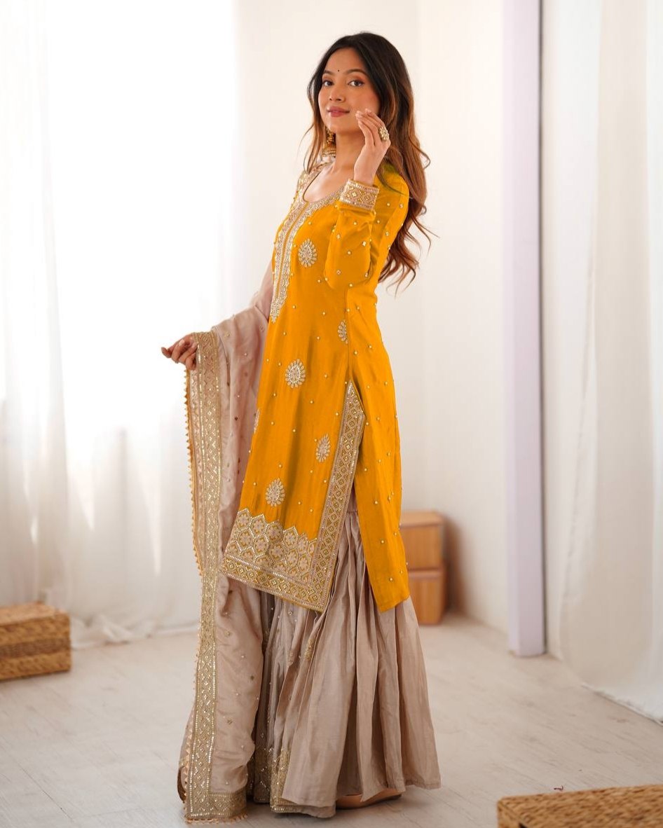 Premium Yellow Peacock Blue Premium Chinon Silk Embroidery Gharara Suit With Dupatta