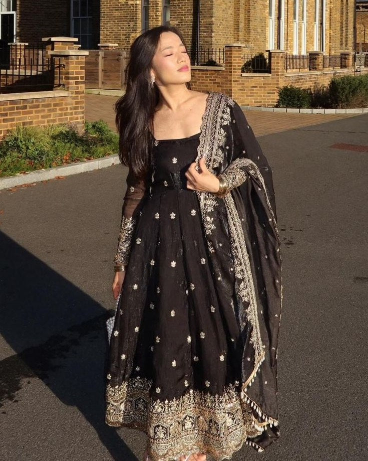Exclusive Maroon Black Green Heavy Georgette Embroidery Anarkali Suit With Dupatta