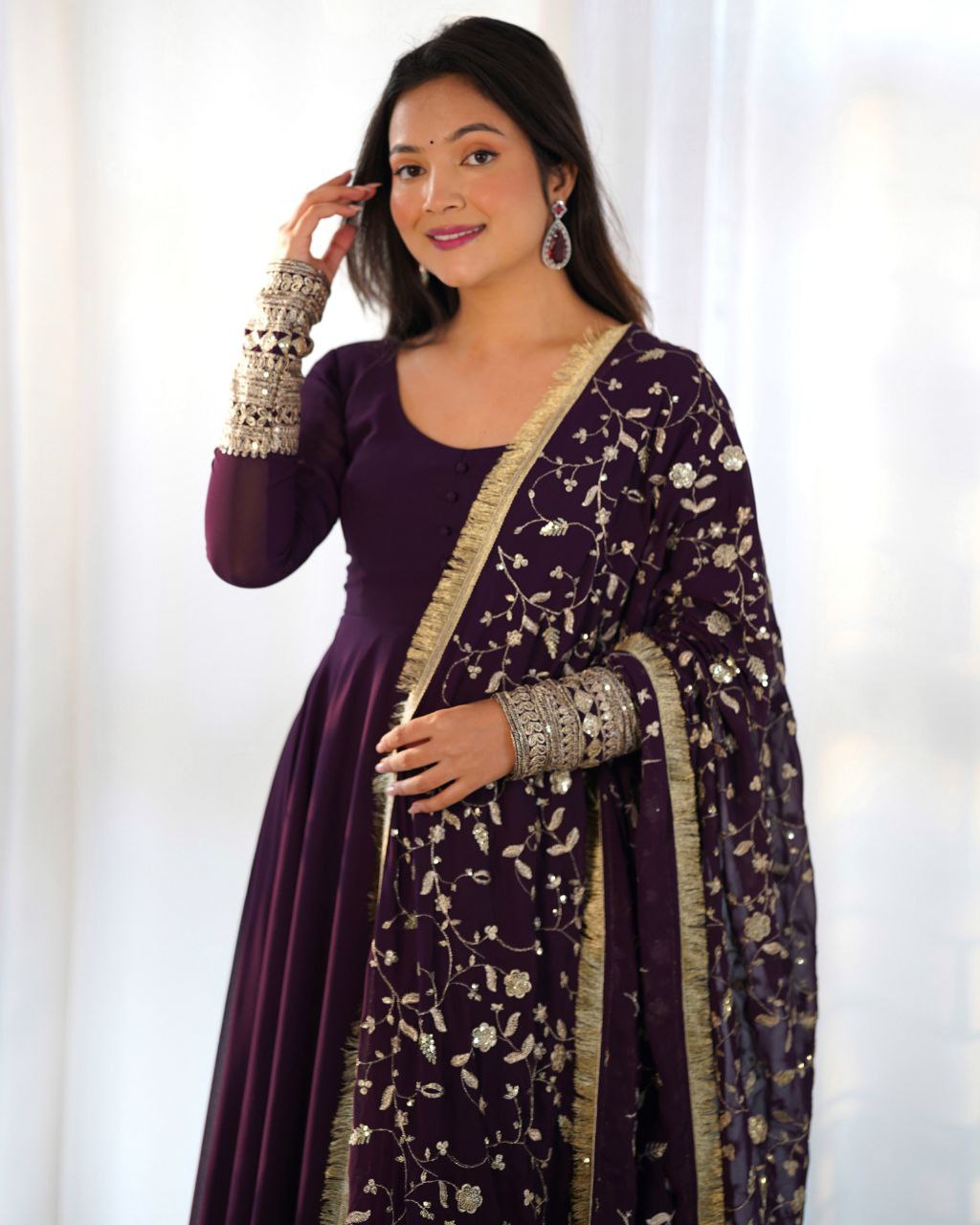 Ready To Wear Dark Purple Faux Georgette Sequence Work Anarkali Gown With Dupatta