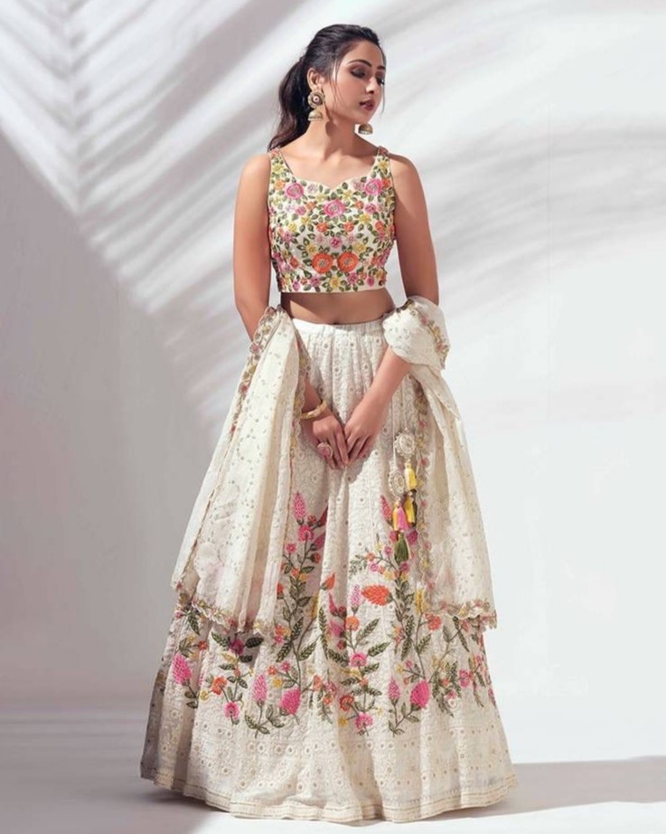 Exclusive White Heavy Georgette Embroidery Lehenga Blouse With Dupatta