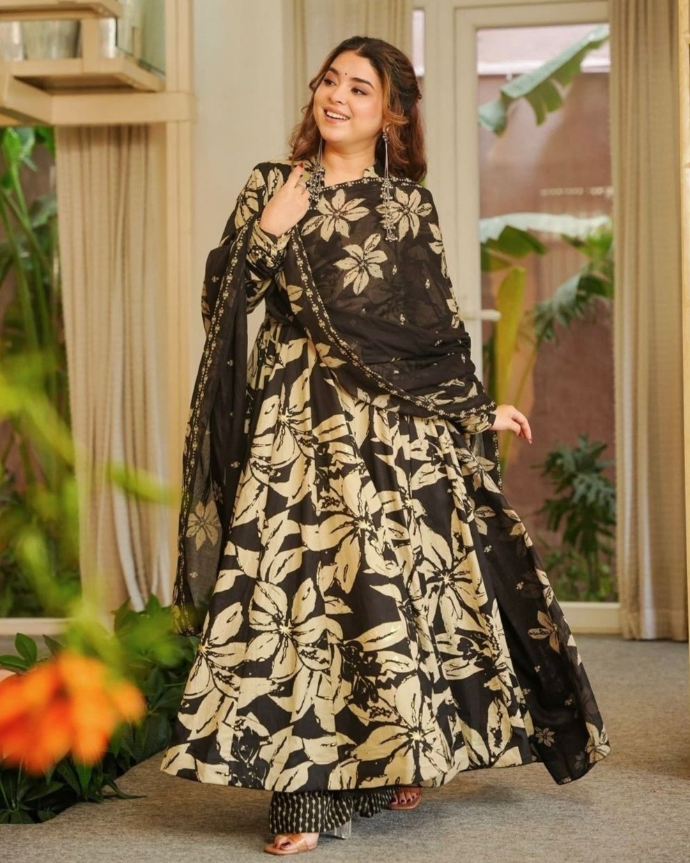 Ready To Wear Black Maslin Cotton Embroidery Anarkali Palazo With Dupatta