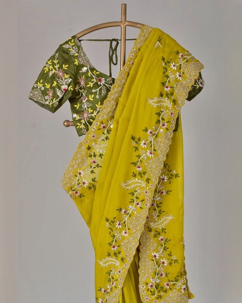 Designer Yellow Chinon Silk Embroidery Work Saree With Blouse