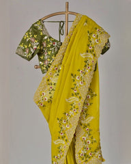 Designer Yellow Chinon Silk Embroidery Work Saree With Blouse