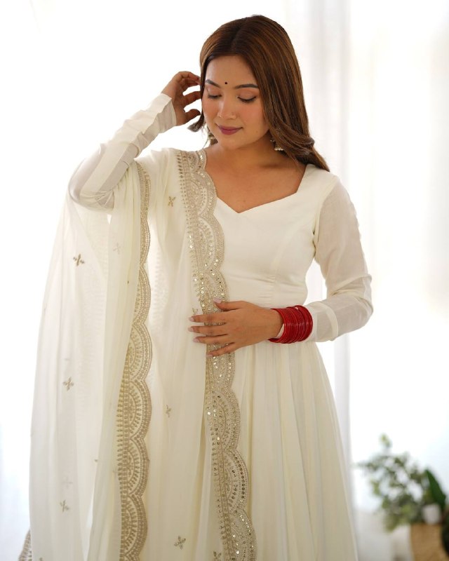 Exclusive White Chanderi Roman Silk Embroidery Anarkali Suit With Dupatta