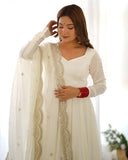Premium White Chanderi Roman Silk Embroidery Anarkali Suit With Dupatta