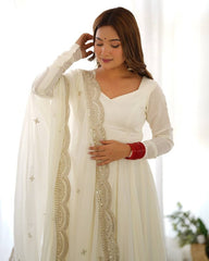 Exclusive White Chanderi Roman Silk Embroidery Anarkali Suit With Dupatta
