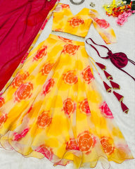 Desinger Yellow Organza Silk Floral Printed Lehenga Choli With Dupatta