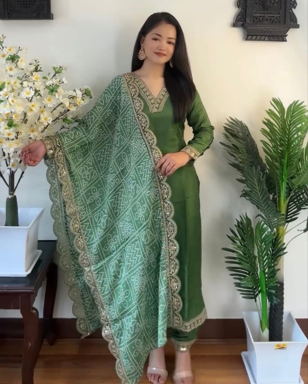 Ready To Wear Green Rayon Silk Embroidery Work Pakistani With Dupatta