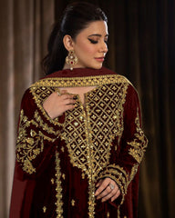 Ready To Wear Maroon Micro Velvet Embroidery Work Pakistani Suit WIth Dupatta