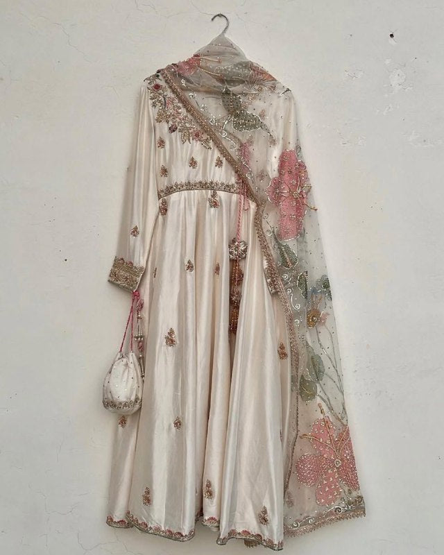 Exclusive White Chinon Silk Embroidery Anarkali Palazo With Dupatta