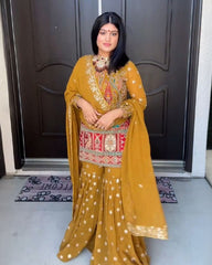 Ready To Wear Mustard Pure Georgette Embroidery Work Gharara Suit With Dupatta