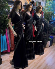 Designer Black Pure Georgette Embroidery Work Saree With Blouse