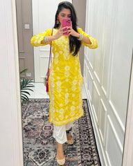 Ready To Wear Yellow Rayon Cotton Embroidery Work Chikan Kari Suit