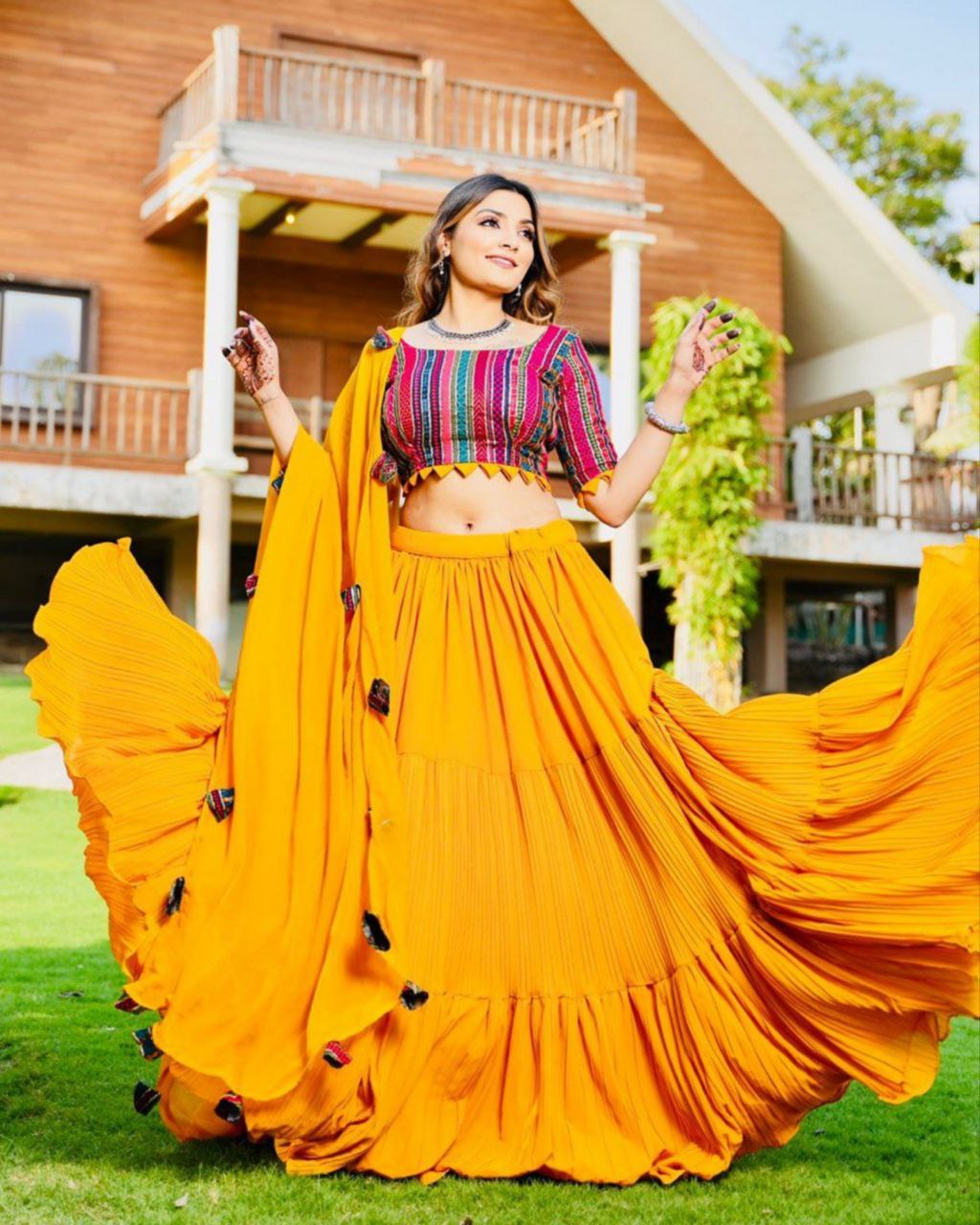 Designer Mustard Fox Georgette Ruffle Work Lehenga Choli With Dupatta