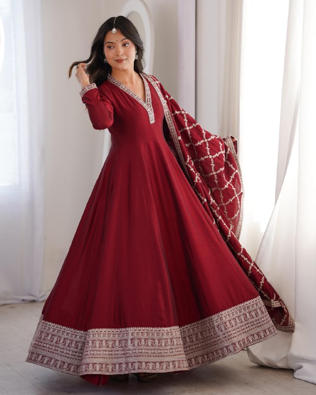 Premium Maroon Blooming Vichitra Silk Embroidery Anarkali Suit With Dupatta