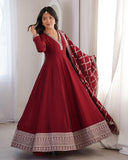 Premium Maroon Blooming Vichitra Silk Embroidery Anarkali Suit With Dupatta
