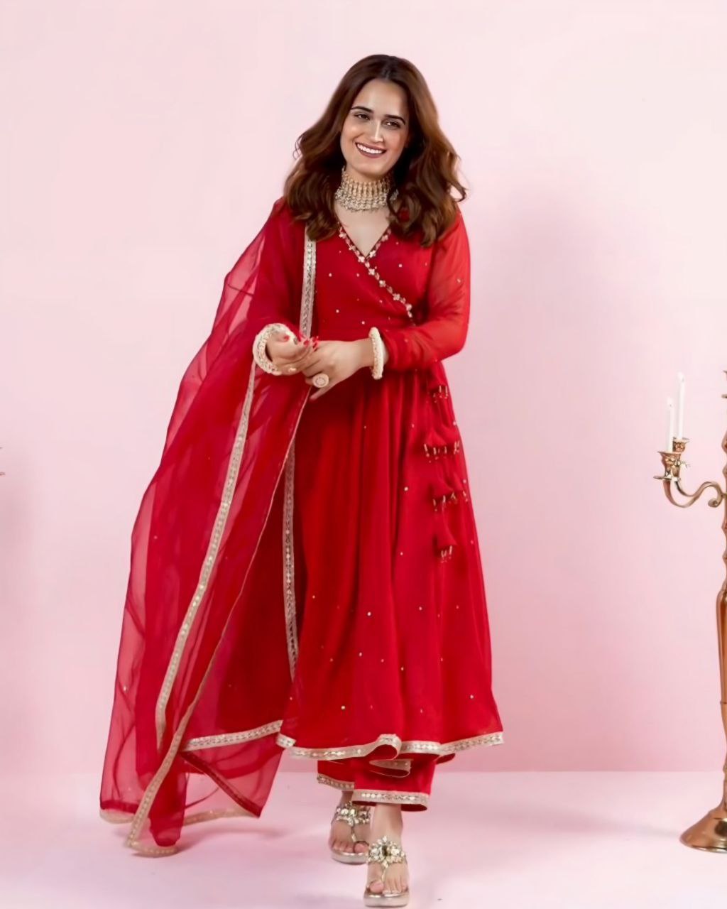 Ready To Wear  Red Pure Georgette Embroidery Work Anarkali Suit With Dupatta