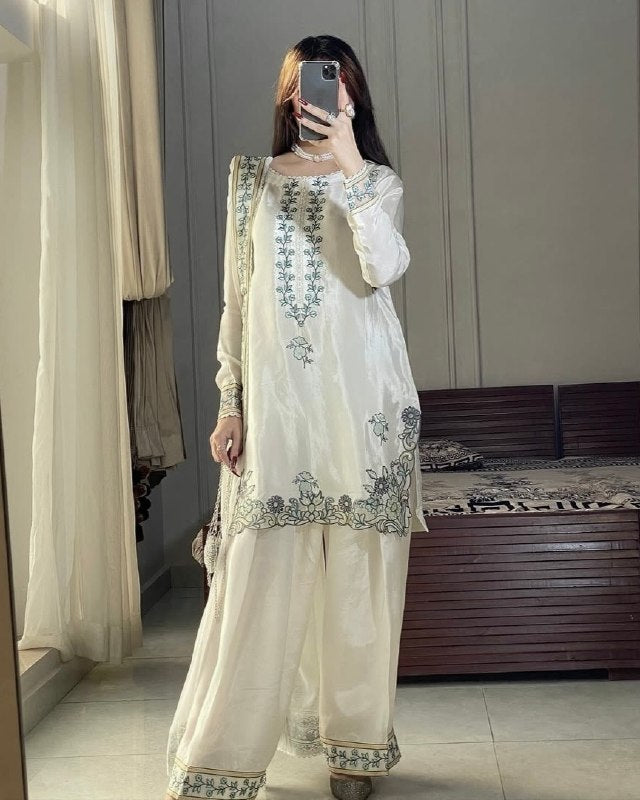Ready To Wear White Shimmer Silk Embroidery Farshi Salwar Kurti With Dupatta