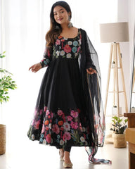 Ready To Wear Black Organza Silk Floral Print Work Anarkali Suit With Dupatta