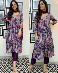 Ready To Wear Purple Maslin Silk Printed Alia Cut Suit With Dupatta