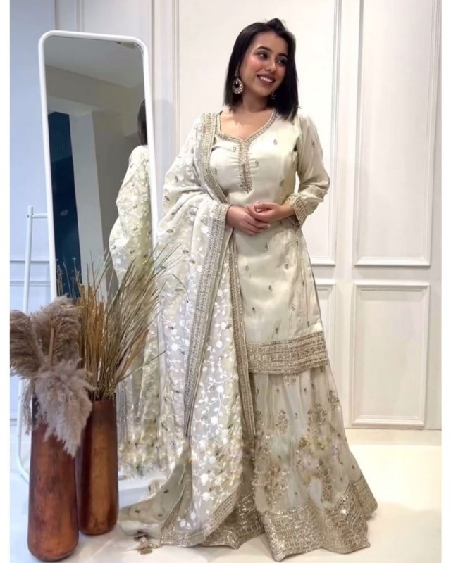 Ready To Wear Off White Pure Silk Embroidery Work Sharara Suit With Dupatta