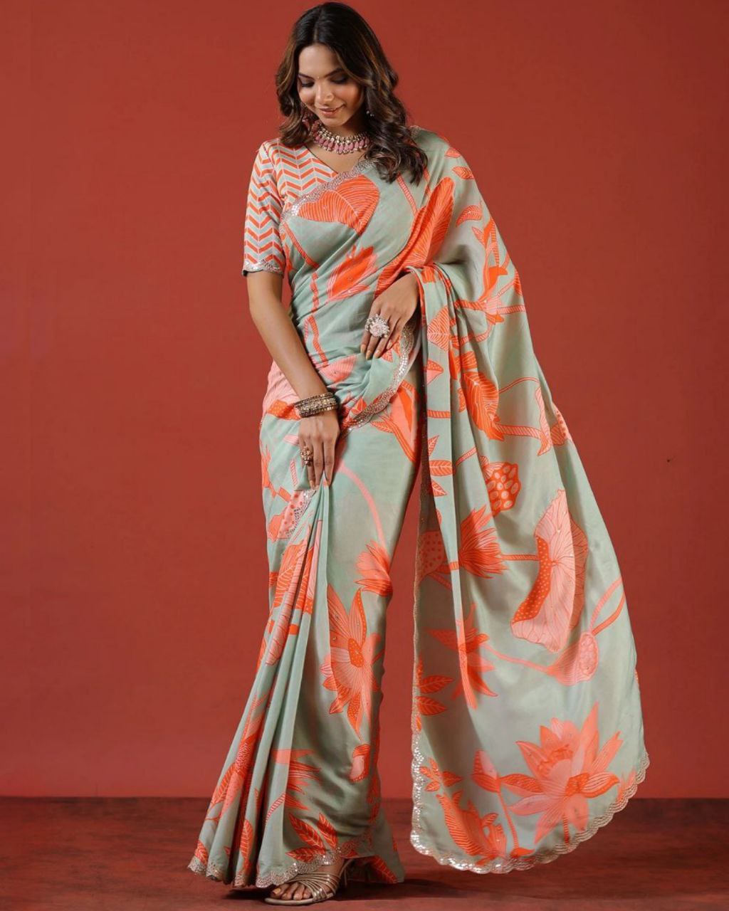 Designer Orange-Grey Vichitra Silk Floral Printed Saree With Blouse