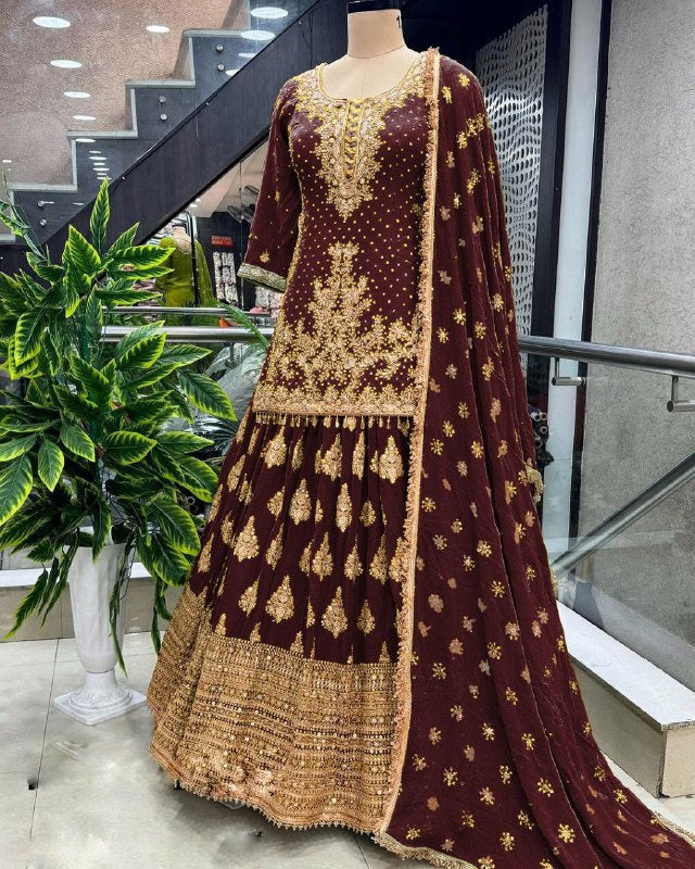 Designer Chinon Silk Embroidery Work Lehenga Top With Dupatta