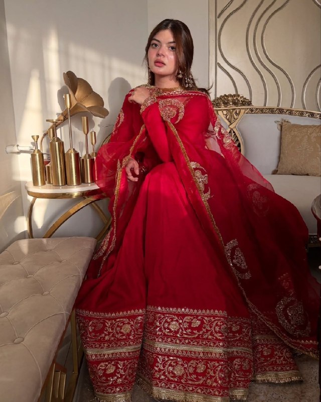 Ready To Wear Crimson Red Chinon Silk Embroidery Gown Pant With Dupatta
