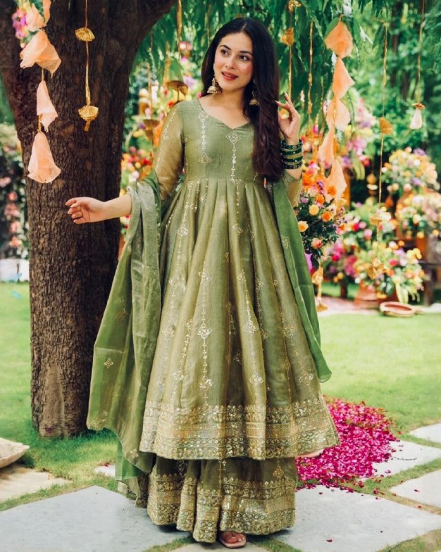 Ready To Wear Pink And Green Crunchy Silk Anarkali Palazo With Dupatta