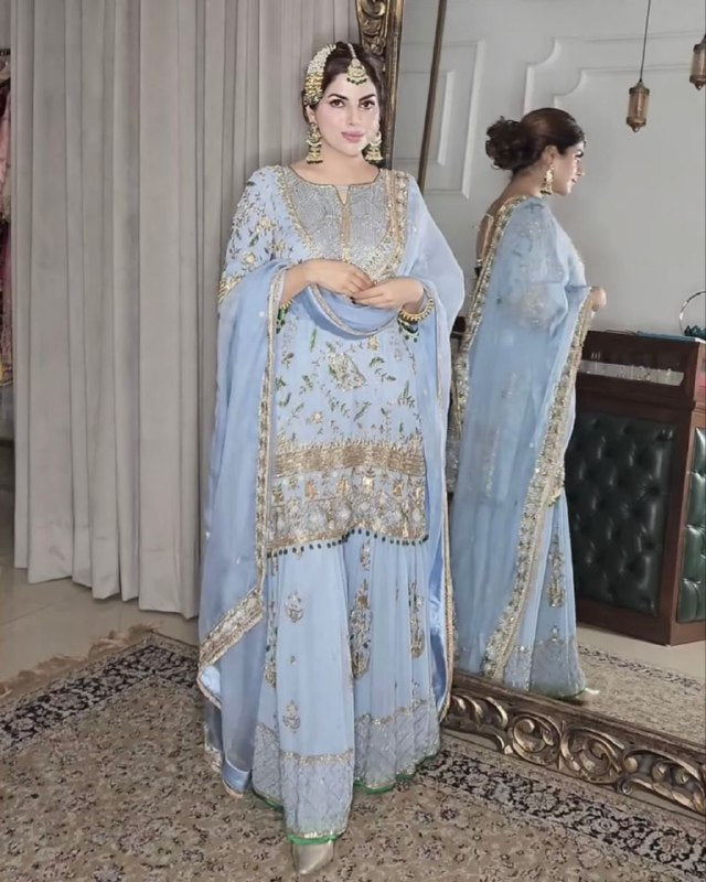 Ready To Wear Powder Blue Pure Georgette Fancy Embroidery Work Sharara Suit With Dupatta