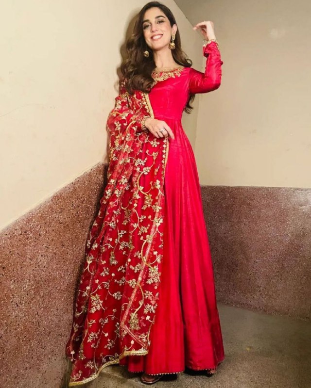 Ready To Wear Hot Red Taffeta Silk Sequence Work Gown With Dupatta