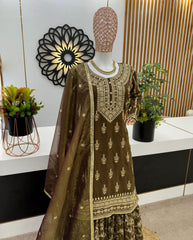 Ready To Wear Olive Green Pure Georgette Embroidery Work Gharara Suit With Dupatta