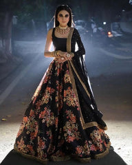 Designer Black Satin Zari Silk Floral Print  Work Lehenga Choli With Dupatta