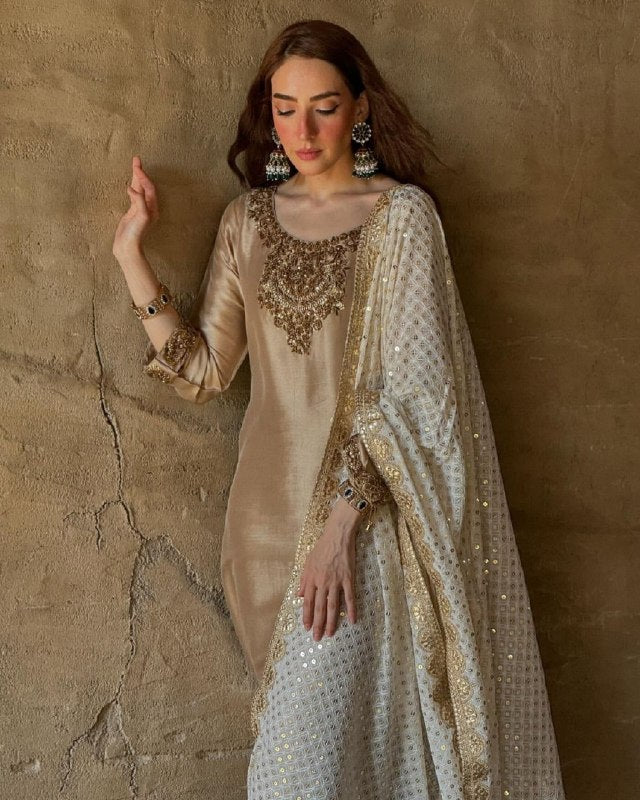 Ready To Wear Champagne Gold Shimmer Silk Kurti Pant With Dupatta