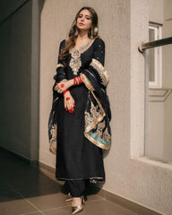 Ready To Wear Black Chinon Silk Embroidery Work Pakistani Suit With Dupatta