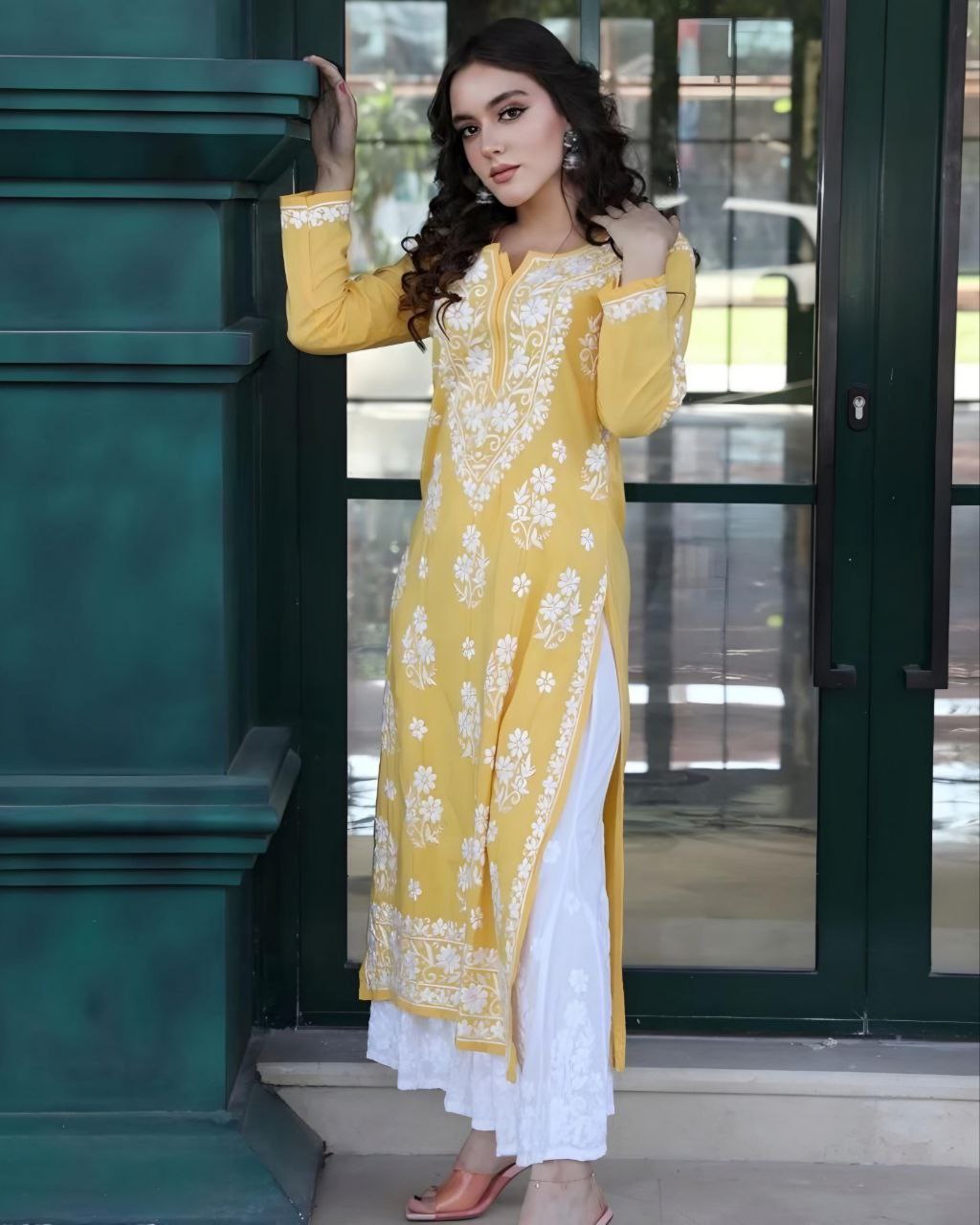 Ready To Wear Mango Rayon Cotton Embroidery Work Chikan Kari Suit