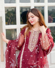 Ready To Wear Red Organza Silk Embroidery Work Pakistani Suit With Dupatta