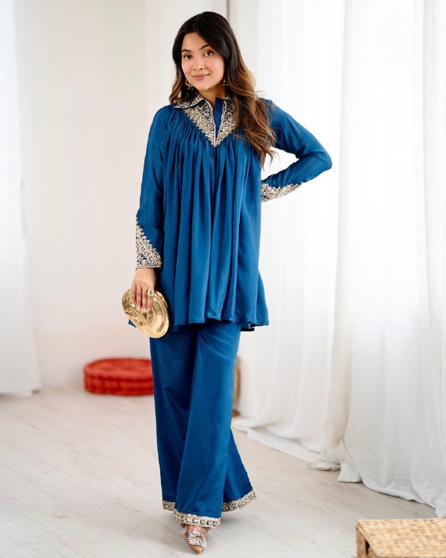 Ready To Wear Teal Blue Chinon Silk Embroidery Plazzo Frock With Dupatta