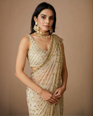 Designer Cream Mono Net Embroidery Work Saree With Blouse