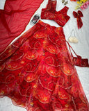 Designer Orange Organza Silk Floral Print Work Lehenga Choli With Dupatta