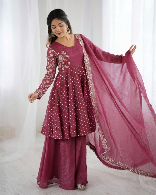 Exclusive Pink Black Crunchy Silk Embroidery Frock Palazo With Dupatta