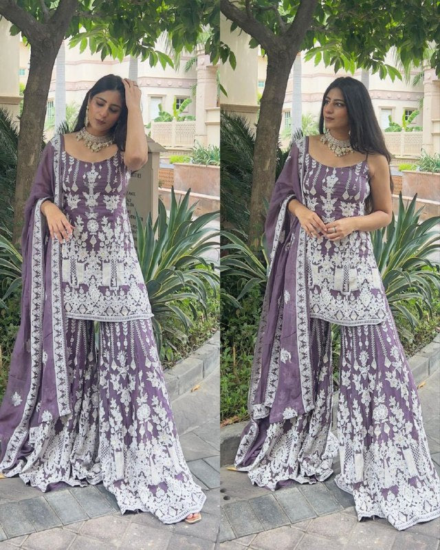 Ready To Wear Lilac Faux Georgette Embroidery Work Sharara Suit With Dupatta