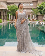 Desinger Silver Grey Heavy Net Sequence Work Saree Wth Blouse