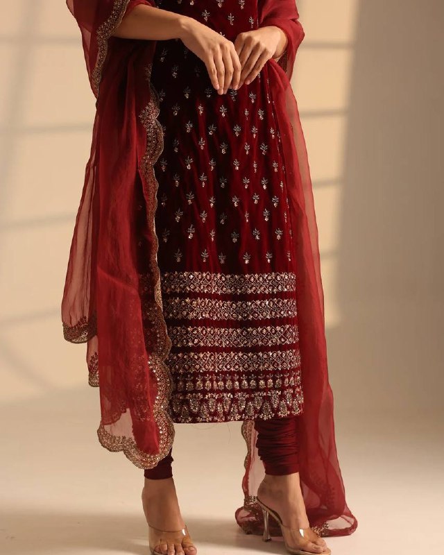 Exclusive Maroon Roman Glass Silk Embroidery Top Bottom With Dupatta