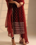 Exclusive Maroon Roman Glass Silk Embroidery Top Bottom With Dupatta